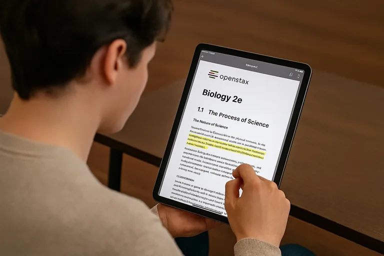 Student reading an OpenStax PDF on a tablet