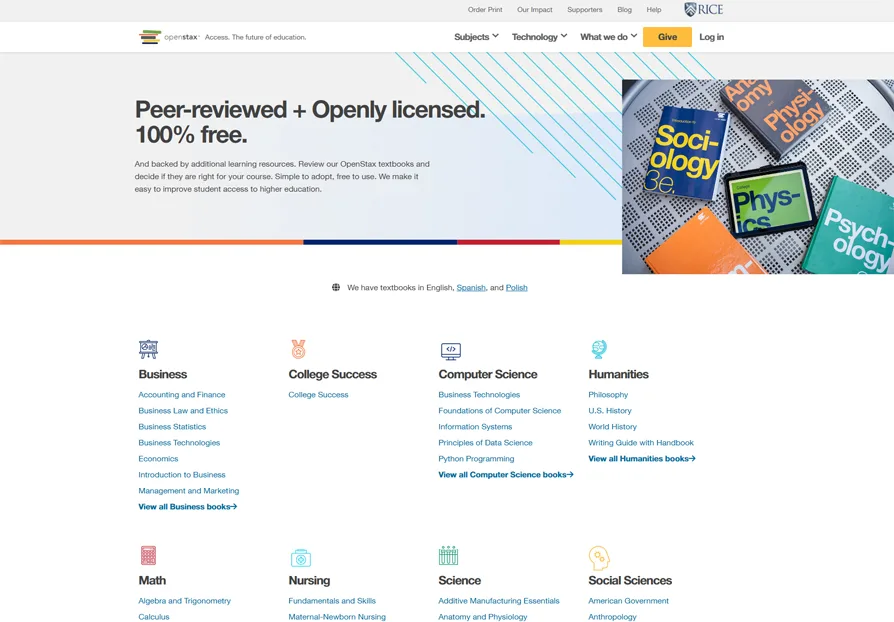 openstax website homepage showcasing free textbook listings